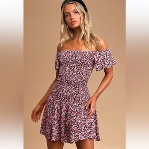 Lulus Pink Floral Print Smocked Off The Shoulder Dress